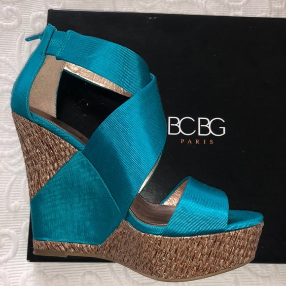 BCBG RANDO Platform Wedge Heel Sandal Teal Fabric Jute Trim Back Zip Sexy 8 - Picture 6 of 13